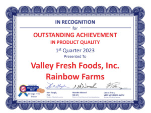 Eggland's Best Award of Excellence 2023 awarded to Valley Fresh Foods Rainbow Farms for brown eggs