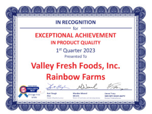 Eggland's Best Award of Excellence 2023 awarded to Valley Fresh Foods Rainbow Farms for white eggs